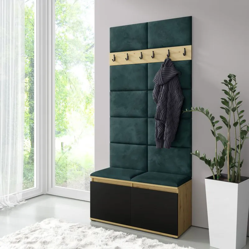 Garderobe 01 mit Polsterpaneele für Wand und Sitzbank, Artisan/Schwarz/Bottle Green, 215 x 100 x 40 cm, für 8 Paar Schuhe, 6 Kleiderhaken, 4 Fächer