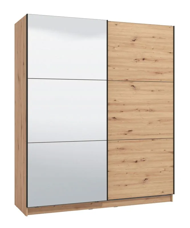 Schiebetürenschrank mit einer Spiegeltür Kule 04, Farbe: Eiche Artisan, eine Kleiderstange, sechs Fächer, Maße: 210 x 179 x 62,5 cm, gute Verarbeitung