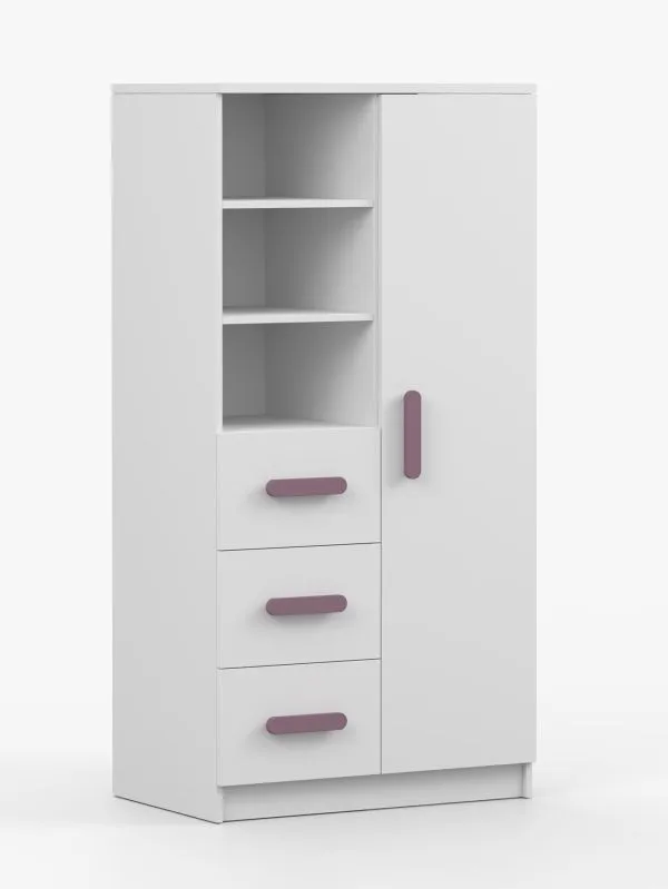 80 cm breites Bücherregal | Weiß | Smolikas 46 | 3 Schubladen | 159 x 80 x 40 cm | 7 Fächer | violette Holzgriffe | Kinder | Jugend