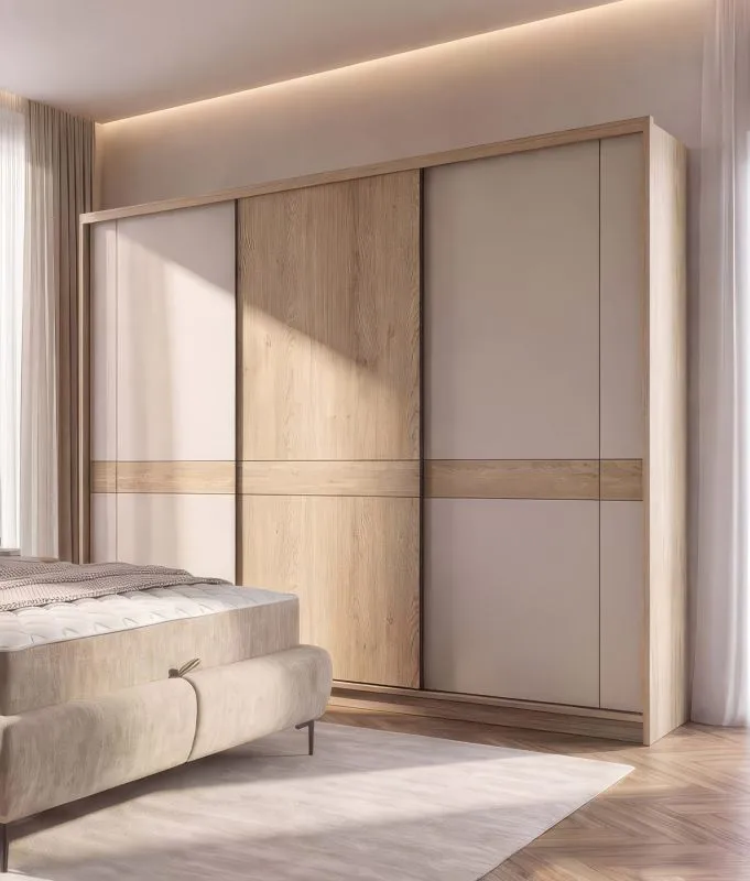 Schiebetürenschrank / Kleiderschrank | 2 Kleiderstangen | 7 Fächer | Eiche Cremona / Kaschmir | 270 x 62 x 220 cm | 3 Schiebetüren