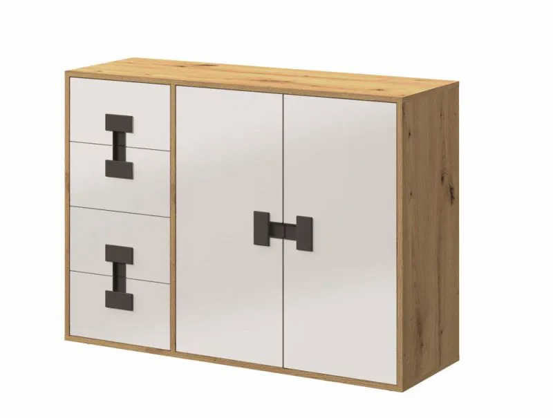 Jugendzimmer - Kommode Garian 08, Farbe: Eiche / Weiß / Grau, Abmessungen: 86 x 118x 40 cm (H x B x T)