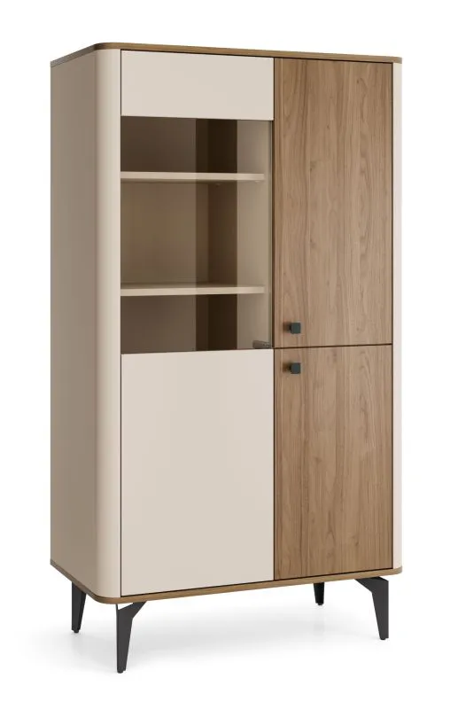 Vitrine | 88 x 40 x 156 cm | Glasschrank | Nuss/Kaschmir | Metallbeine | ABS-Kanten | 3 Türen | Push-to-open System | 6 Einlegeböden | Belladere 03