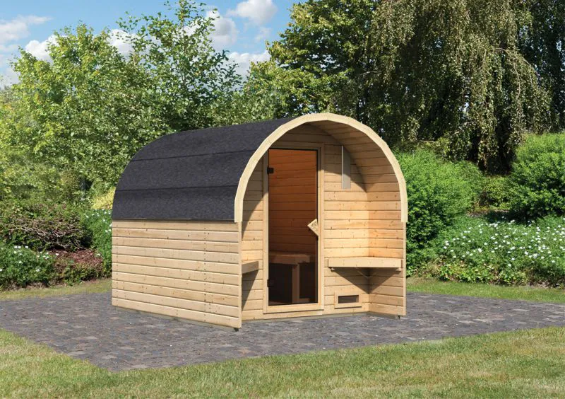 Fasshaus 2 SET inkl. 2 Bänken & bronzierter Ganzglastür, Farbe: Natur - 219 x 295 cm (B x T), Grundfläche: 4,9 m²