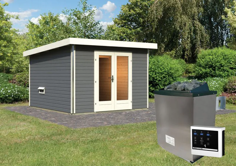 Saunahaus "Anni 1" SET B mit Ofen 9 kW, Farbe: Terragrau - 309 x 309 cm (B x T), Grundfläche: 9,3 m²