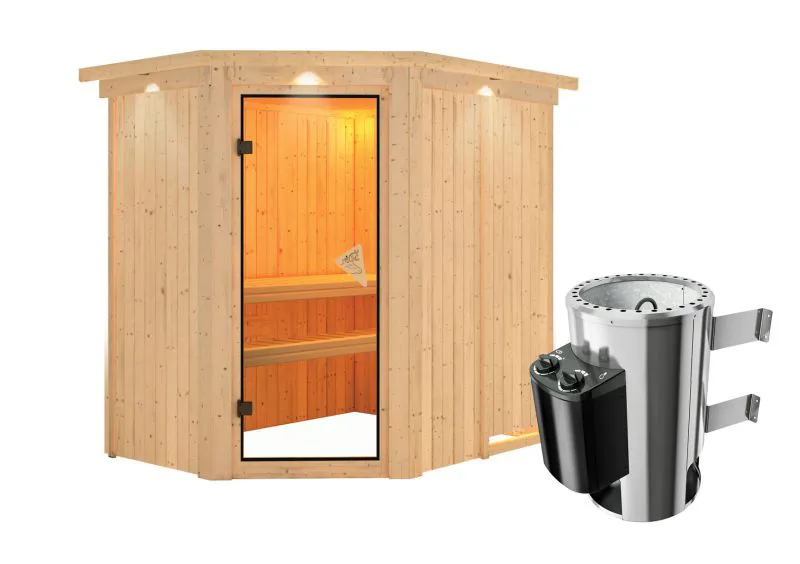 Sauna "Ole" SET mit bronzierter Tür und Kranz mit Ofen 3,6 kW - 165 x 210 x 202 cm (B x T x H)