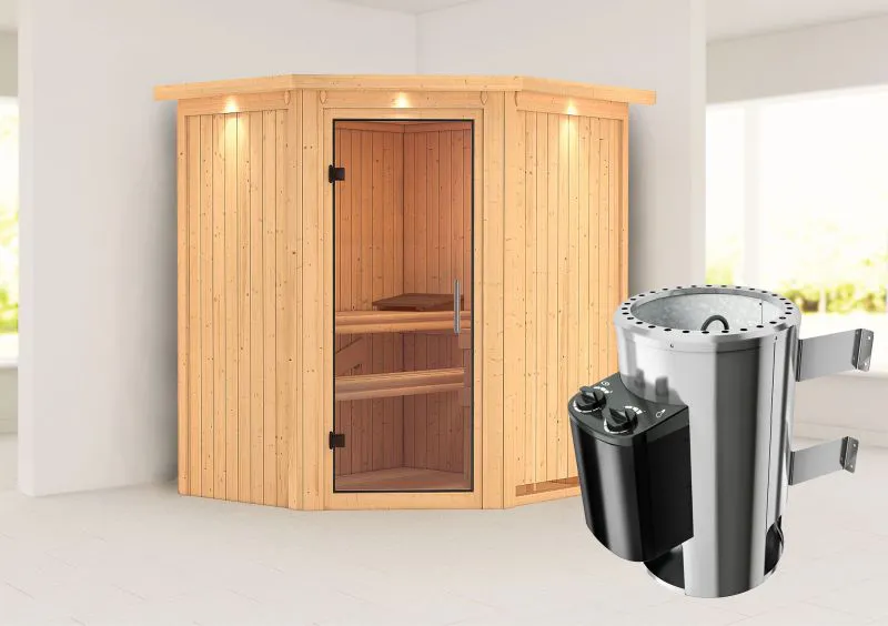Sauna "Kjell" SET mit Klarglastür, Kranz & Ofen 3,6 kW - 184 x 165 x 202 cm (B x T x H)
