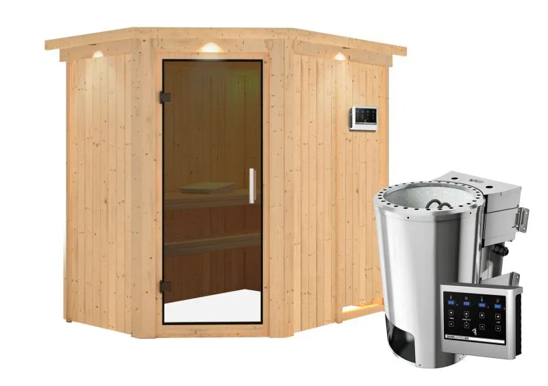Sauna "Ole" SET mit graphitfarbener Tür, Kranz & Ofen BIO 3,6 kW - 165 x 210 x 202 cm (B x T x H)
