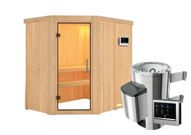 Sauna "Ole" SET mit Klarglastür - Farbe: Natur, Ofen externe Steuerung easy 3,6 kW - 151 x 196 x 198 cm (B x T x H)