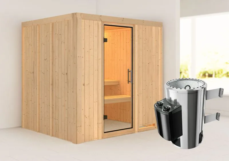 Sauna "Agnar" SET mit Klarglastür & Ofen 3,6 kW - 196 x 170 x 198 cm (B x T x H)