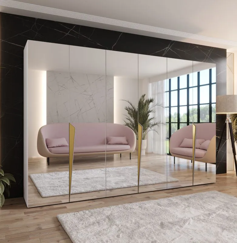 Drehtürenschrank | Farbe: Weiß | Schlafzimmerschrank mit Spiegel | Griffe: Gold | Soft-Close-Funktion | 3 Fächer | 3 Kleiderstangen | Maße: 300 x 52 x 202 cm | ABS-Kanten