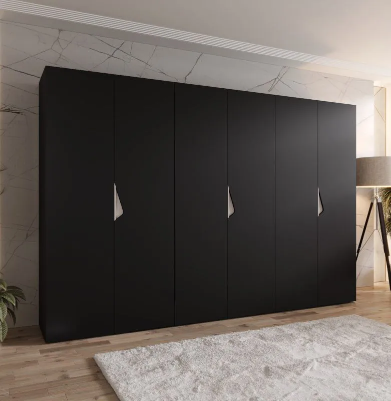 Drehtürenschrank | 6 Türen | Farbe: Schwarz | 3 Kleiderstangen | Griffe: Kaschmir | 3 Fächer | Maße: 300 x 52 x 202 cm | Soft-Close-Funktion