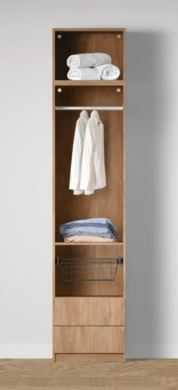 Offener Kleiderschrank | 1 Wäschekorb | Farbe: Eiche Puccini | 2 Schubladen | 1 Kleiderstange | 51,5 x 55 x 234 cm | 1 Fach | für Ankleidezimmer