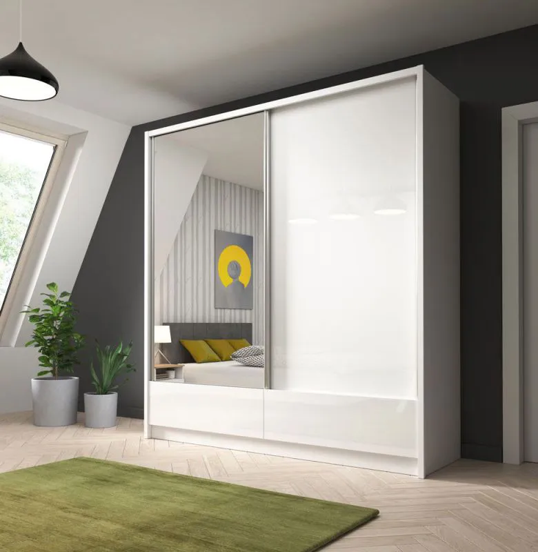 Kleiderschrank | 2 Türen | 1 Kleiderstange | 2 Schubladen | 6 Fächer | 5 Einlegeböden | 204 cm breit | MDF Abbildung