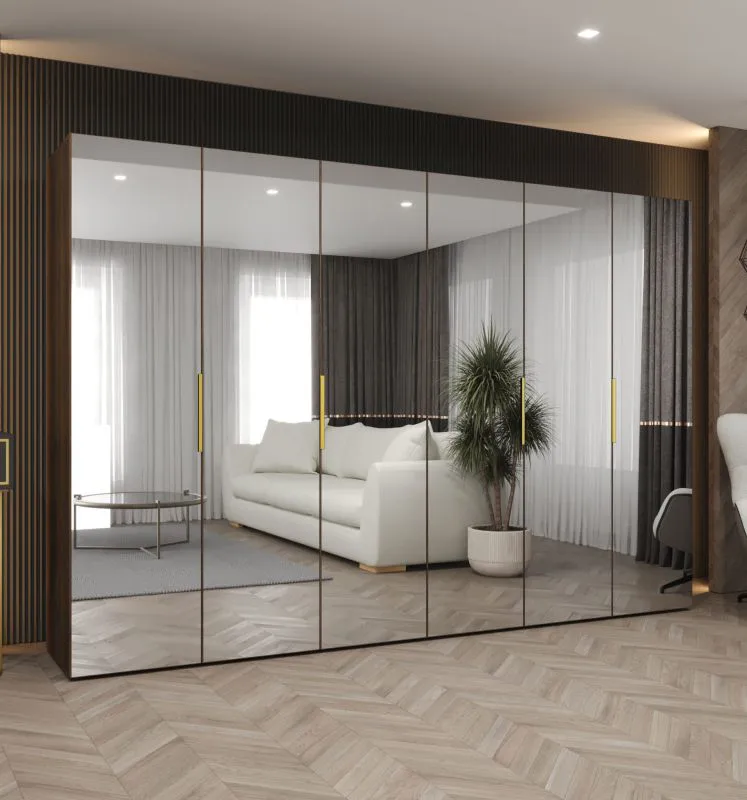 Kleiderschrank mit sechs Spiegeltüren | Farbe: Walnuss | 3 Meter breit | Griffe: Gold | vier Kleiderstangen | vier Fächer | Soft-Close-Funktion