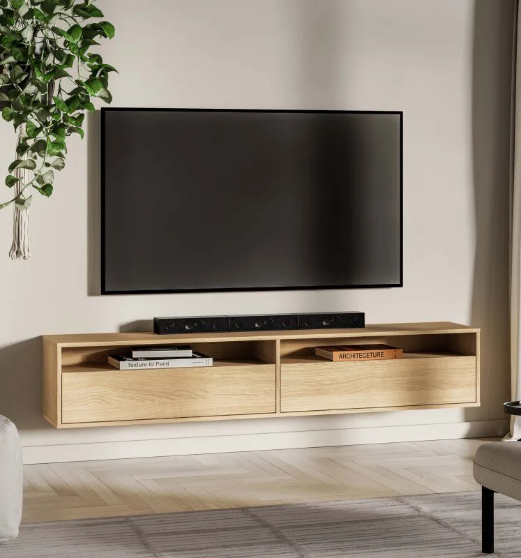 TV-Unterschrank | 2 Kipptüren | 4 Fächer | Farbe: Eiche Mavelie | 180 x 33 x 33 cm | Push-to-open Funktion | Soft-Close Funktion | TV-Board | für Wohnzimmer