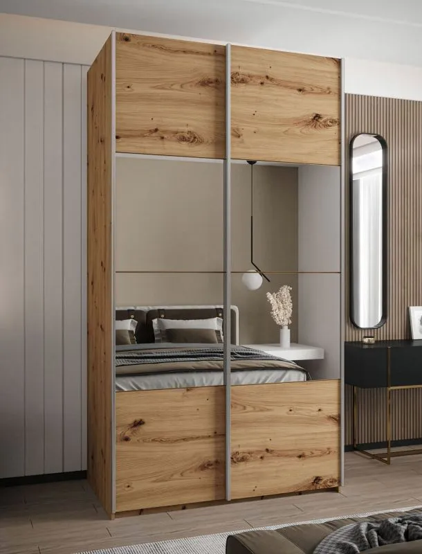 Kleiderschrank / Schiebetürenschrank | 245,5 x 130 x 64 cm | 2 Schiebetüren | Soft-Close | 6 Fächer | 2 Kleiderstangen | Farbe: Eiche Artisan | Spiegel