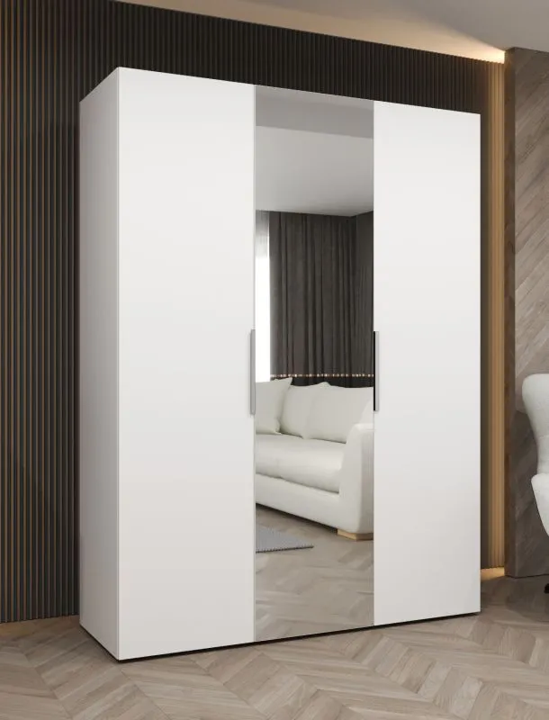 Drehtürenschrank mit zwei Kleiderstangen Korab 70, Farbe: Weiß, 1,5 Meter breit, Griffe: Kaschmir, zwei Fächer, Soft-Close-Funktion, Kleiderschrank