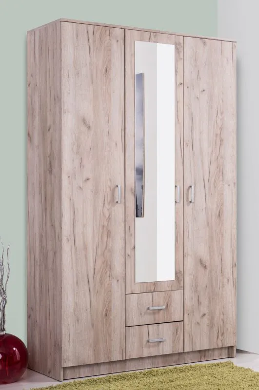 Kleiderschrank / Drehtürenschrank mit einer Spiegeltür Kovin 05, 1,2 Meter breit, Farbe: Eiche Grau, zwei Schubladen, Maße: 205 x 120 x 52 cm, eine Kleiderstange