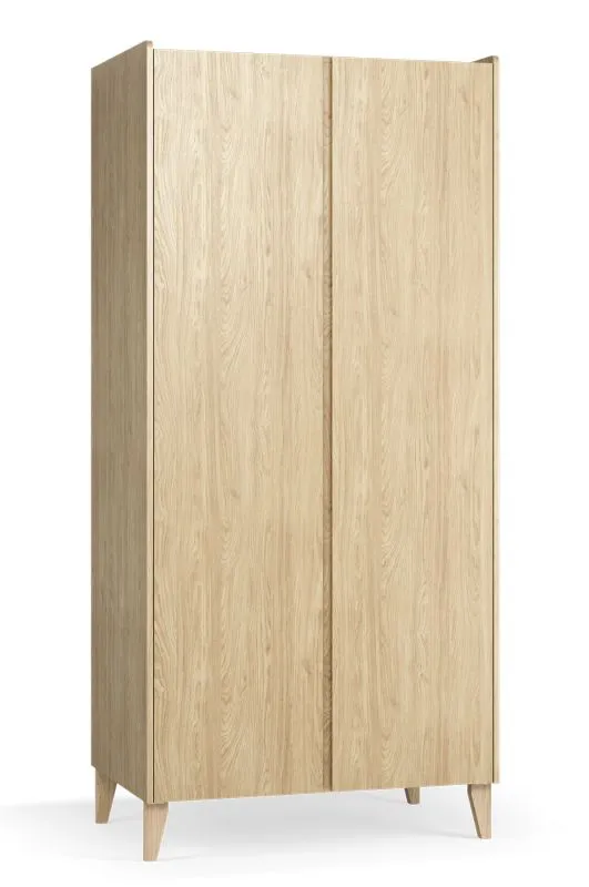 Kleiderschrank / Drehtürenschrank | 2 Türen | Farbe: Eiche | 5 Fächer | 2 Kleiderstangen | Maße: 94,5 x 60 x 204 cm | inkl. LED-Beleuchtung | Soft-Close