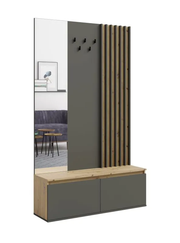 Garderobe mit fünf Haken Alexandroupoli 01, einen Spiegel, Farbe: Eiche Artisan / Graphitgrau, zwei Kipptüren, zwei Fächer, Maße: 202 x 120 x 34 cm