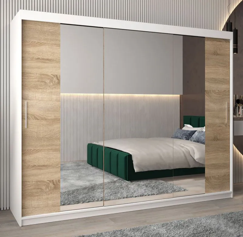 Großer 250 cm breiter Kleiderschrank mit 10 Fächern und 3 Türen | Farbe: Sonoma Eiche / Weiß Abbildung