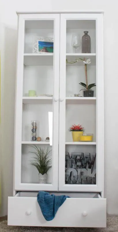 Bücherregal Bücherschrank Büchervitrine - 80 cm breit, Kiefer Holz-Massiv, Optik: Weiß Abbildung