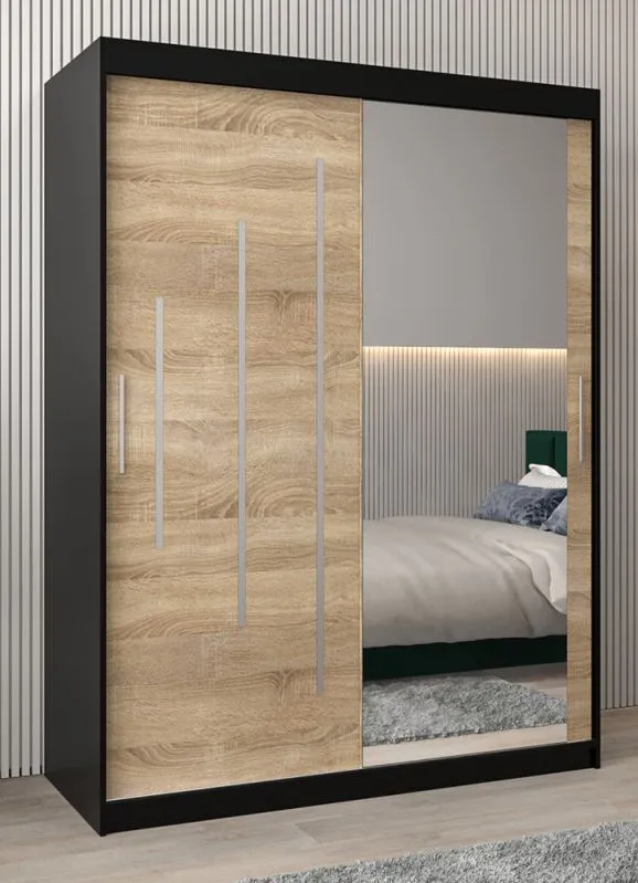 Schiebetürenschrank / Kleiderschrank mit Spiegel Tomlis 03B, Farbe: Schwarz / Eiche Sonoma - Abmessungen: 200 x 150 x 62 cm (H x B x T)