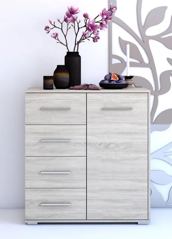 Anrichte / Kommode | Eiche | Comarca 03 | 96 x 90 x 45 cm | 1 Türe | 4 Schubladen | 3 Fächer | Einfarbig | Griffe silberfarben | schlicht | Holzoptik