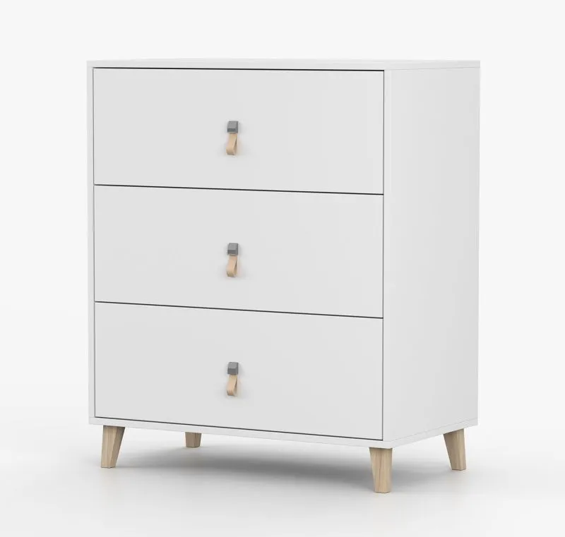 Kommode | Weiß | Taygetos 01 | 96 x 80 x 45 cm | 3 Schubladen | Ledergriffe mit Schlaufen | Holzbeine 14 cm hoch | Einfarbig | skandinavischer Stil