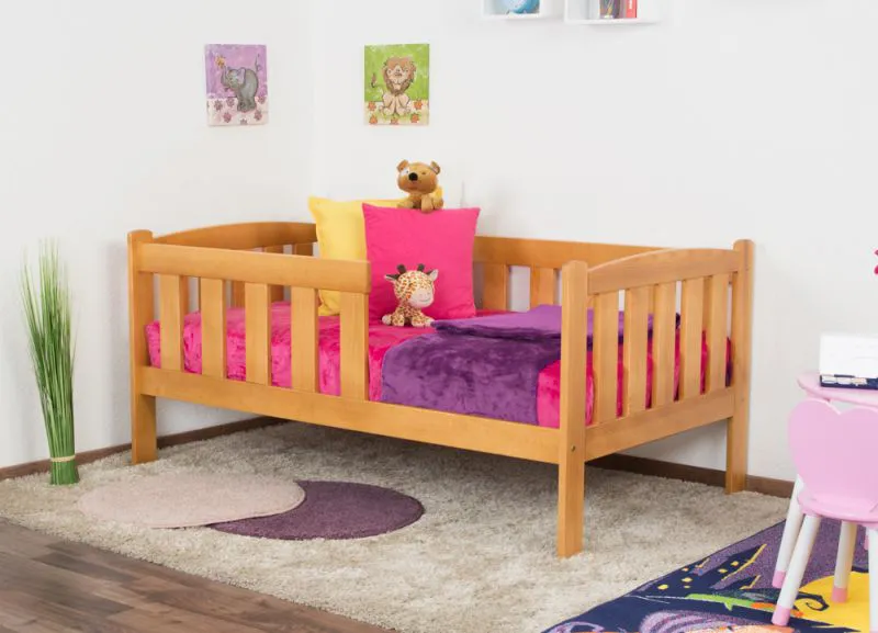 Kinderbett / Juniorbett Kiefer massiv Vollholz Erlefarben 96, inkl. Lattenrost - 90 x 160 cm (B x L)