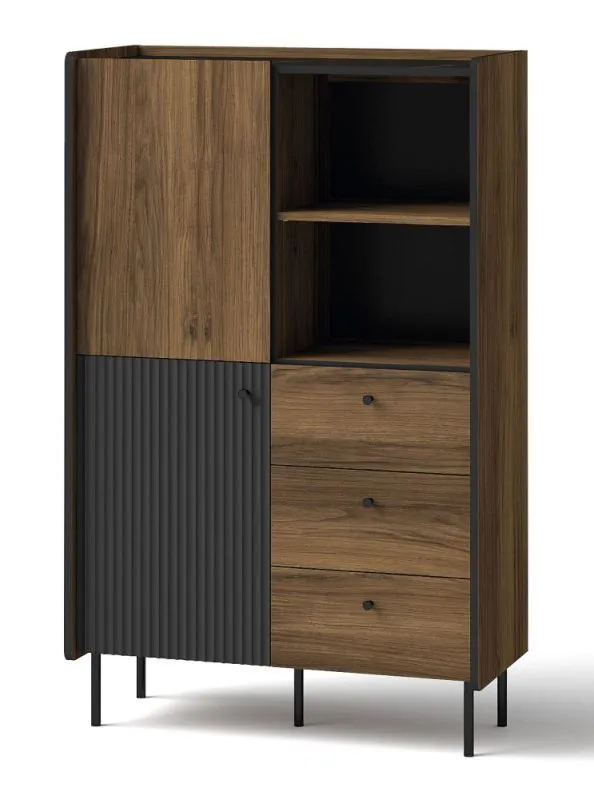 Kommode Mairenke 04, Farbe: Walnuss / Schwarz matt - Abmessungen: 140 x 88 x 40 cm (H x B x T)