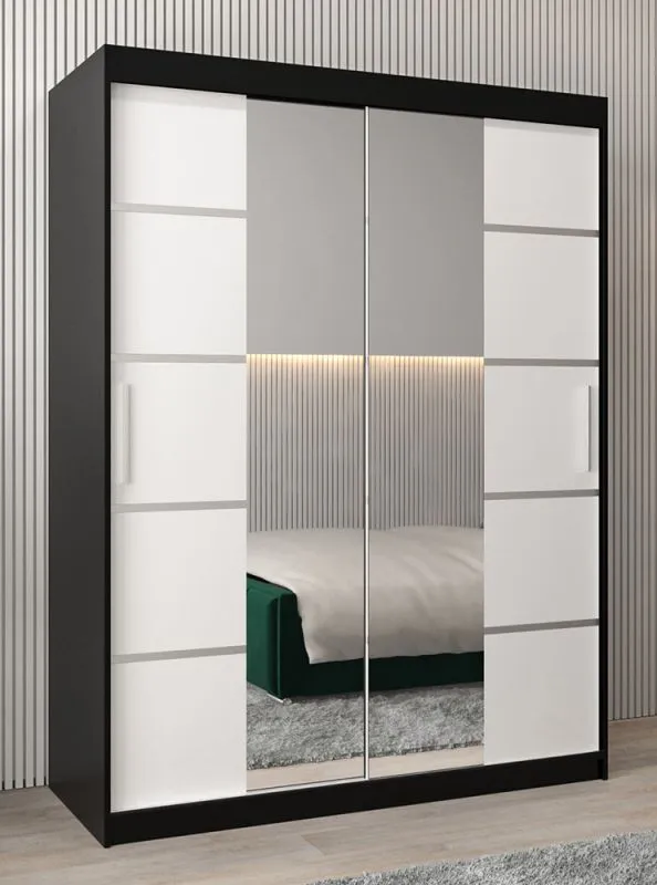 150 cm breiter Kleiderschrank mit 2 Türen | 5 Fächer | Farbe: Weiß / Schwarz Abbildung