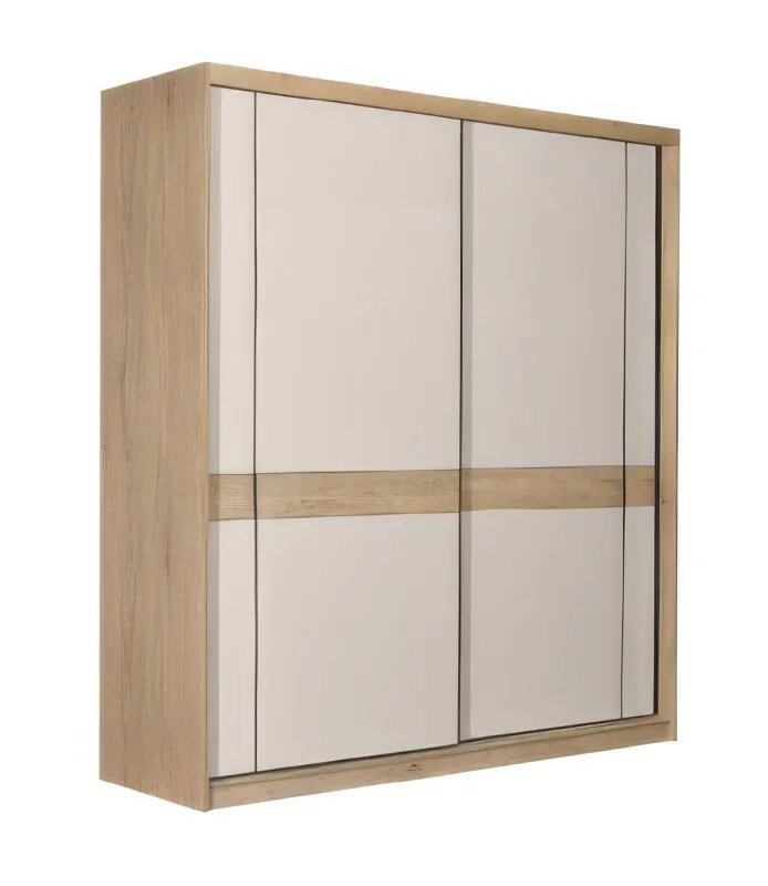 Kleiderschrank / Schiebetürenschrank | 230 x 62 x 220 cm | Eiche Cremona / Kaschmir | 1 Kleiderstange | 6 Fächer | 2 Schiebetüren 