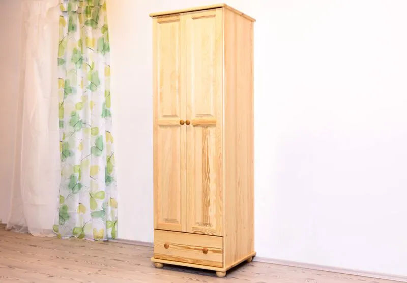 Kleiderschrank | 2 Drehtüren | 1 Schublade | 1 Fach | mit Kleiderstange | 65 cm breit | Massivholz | Farbe: Natur Abbildung