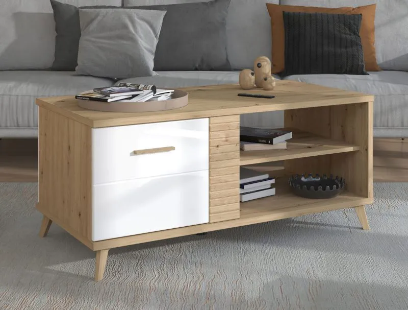 Stabiler Couchtisch mit zwei Türen Baka 04, drei Fächer, Farbe: Eiche Artisan / Weiß Hochglanz, ABS, MDF, Maße: 54 x 120 x 60 cm, modernes Design