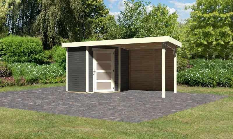 Gartenhaus SET terragrau mit Anbaudach 2,4 m Breite, Rückwand, Grundfläche: 4,45m²