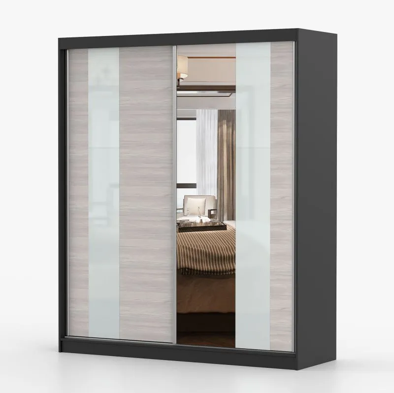 Schiebetürenschrank / Kleiderschrank mit Spiegel | 218 x 183 x 61 cm | Grau-Weiß / Schwarz | Gorski 08 | 2 Türen | 6 Fächer | reichlich Stauraum