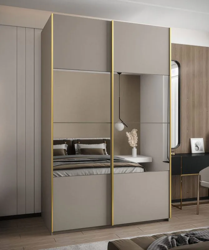 Kleiderschrank / Schiebetürenschrank | Spiegel | Soft-Close | 2 Kleiderstangen | 2 Schiebetüren | 245,5 x 160 x 64 cm | 11 Fächer | Farbe: Kaschmir