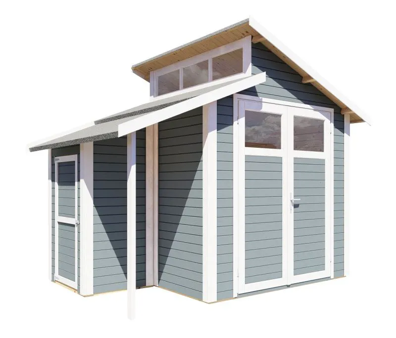 Gartenhaus / Gartenhütte mit Anbau Puchheim 02 inkl. Fußboden, Grau - 19 mm Elementgartenhaus, Grundfläche: 5,86 m², Doppel-Pultdach