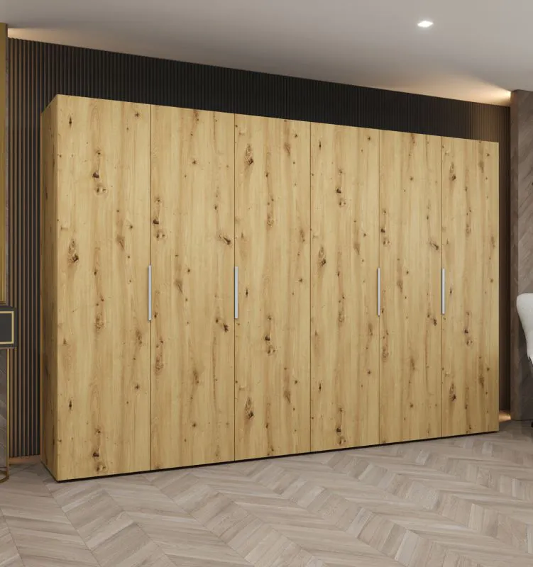 Kleiderschrank mit vier Kleiderstangen Korab 46, 3 Meter breit, vier Fächer, sechs Türen, Farbe: Eiche Artisan, Soft-Close-Funktion, Griffe: Kaschmir