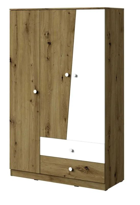 120 cm breiter Kleiderschrank mit 3 Türen, 6 Fächern und 2 Schubladen | Farbe: Eiche | Tiefe: 50 cm Abbildung