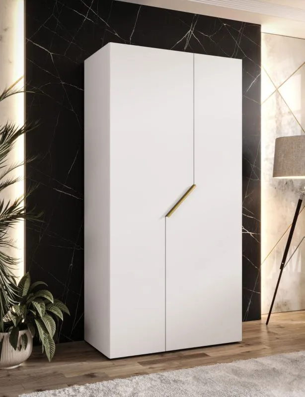 Kleiderschrank / Drehtürenschrank | Farbe: Weiß | 1 Meter breit | 1 Fach | 1 Kleiderstange | Griffe: Gold | Maße: 100 x 52 x 202 cm | Soft-Close-Funktion | ABS