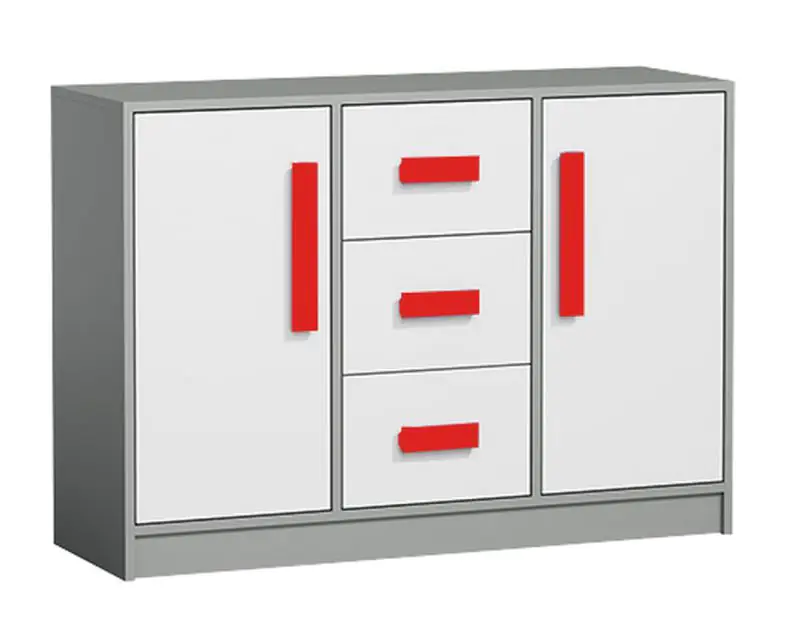 120 cm breite Kommode / Sideboard Olaf 06, Farbe: Anthrazit / Weiß / Rot, teilmassiv - 85 x 120 x 40 cm, 2 Türen, 3 Schubladen, Griffe aus Massivholz