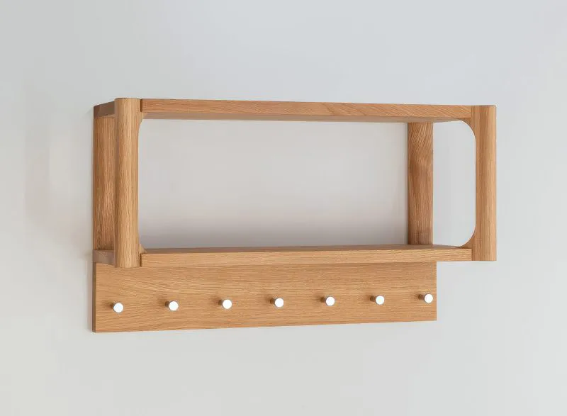 Garderobe | Massivholz | Eichenholz geölt | 7 Haken | mit Ablage | Farbe: Eiche | 63 x 22 x 36 cm | Seille 20