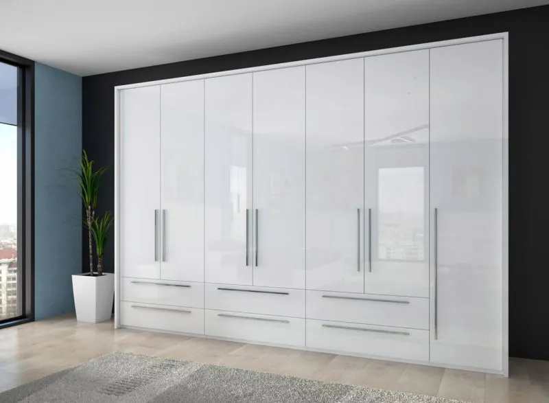 Großer Kleiderschrank | 7 Drehtüren | 6 Schubladen | 6 Fächer | mit 4 Kleiderstangen | 322 cm breit | Farbe: Weiß Abbildung