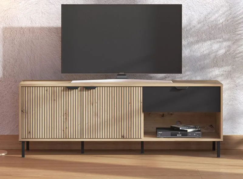 Kleiner TV-Schrank / TV-Möbel mit einer Schublade Zvesdara 03, 1,5 Meter breit, Farbe: Eiche Artisan / Schwarz, eine Kabeldurchführung, zwei Türen
