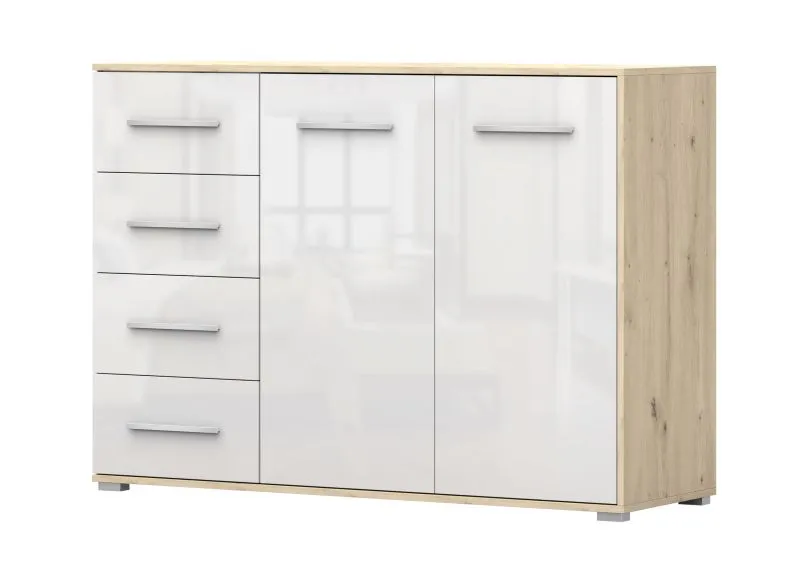 Kommode | 96 x 135 x 45 cm | Hochglanz Weiß / Eiche | Comarca 09 | 2 Türen | 4 Schubladen | 3 Fächer |  Zweifarbig | klassisches Design | eckig