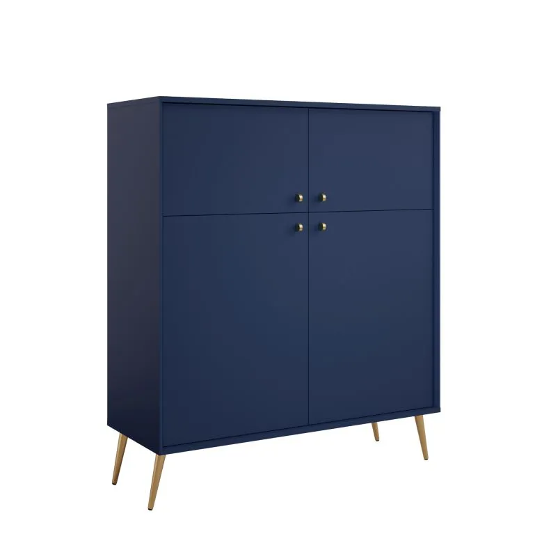 Hohe Kommode mit vier Türen Egaleo 05, Farbe: Dunkelblau, Griffe & Beine: Metall, sechs Fächer, ABS-Kanten, Maße: 122,5 x 105,5 x 40,5 cm, für Wohnzimmer