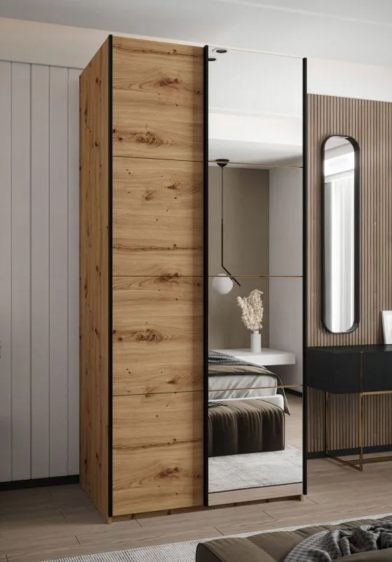 Kleiderschrank / Schiebetürenschrank | 2 Schiebetüren| 6 Fächer | 245,5 x 100 x 64 cm | Spiegel | Soft-Close | Farbe: Eiche Artisan | 2 Kleiderstangen