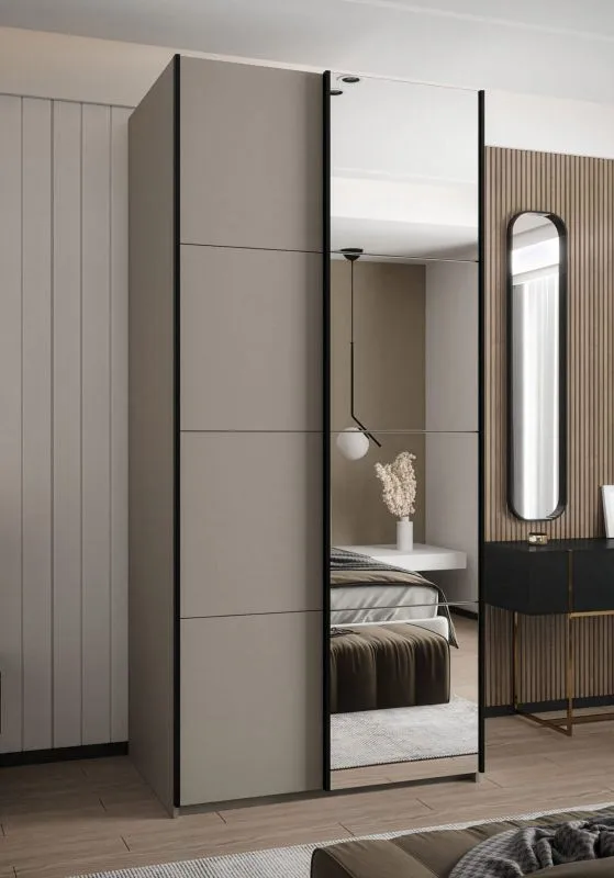 Kleiderschrank / Schiebetürenschrank | 245,5 x 100 x 64 cm | 2 Kleiderstangen | 6 Fächer | Farbe: Kaschmir | 2 Schiebetüren | Soft-Close | Spiegel